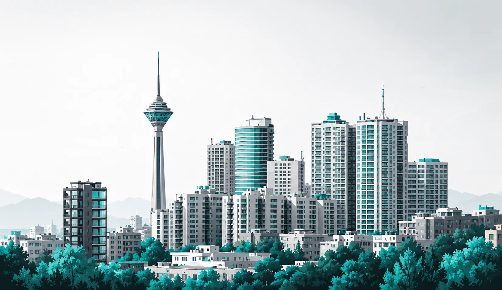 تصویر تهران با برج میلاد و برج‌های مسکونی میان درختان